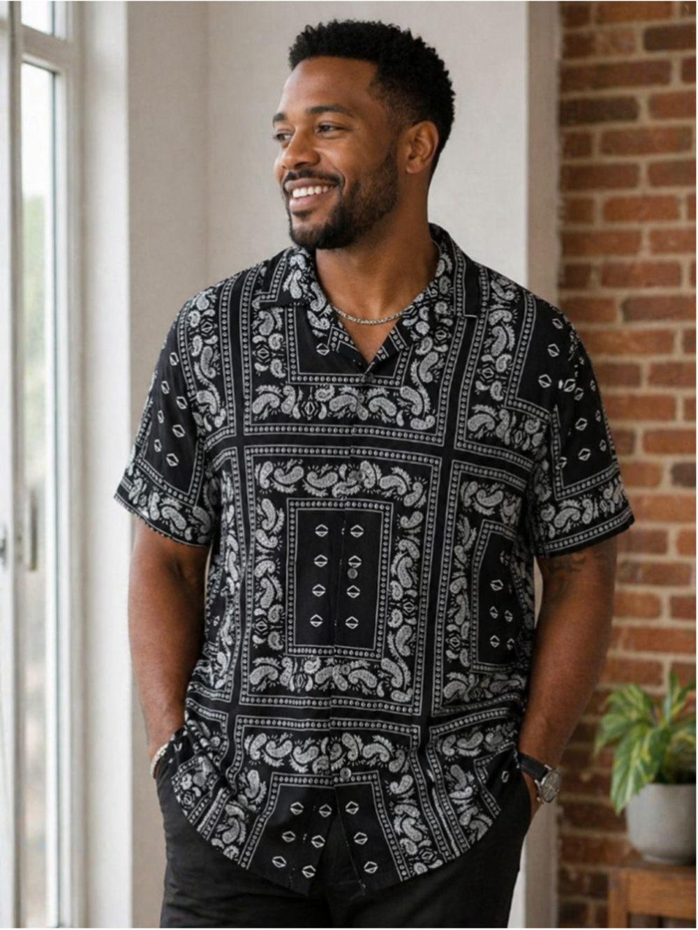 Men's Denim & Flower Casual Button Down Shirt L Black White Paisley